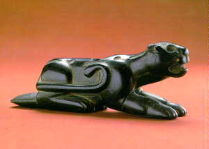 Panther-Effigy Pipe Steatite; length 19.9 cm Mann site, Posey County, Indiana Allison/Copena culture, Middle Woodland period, AD 100-400 Pipe found by Henry Mann, 1916; right foreleg recovered, 1938