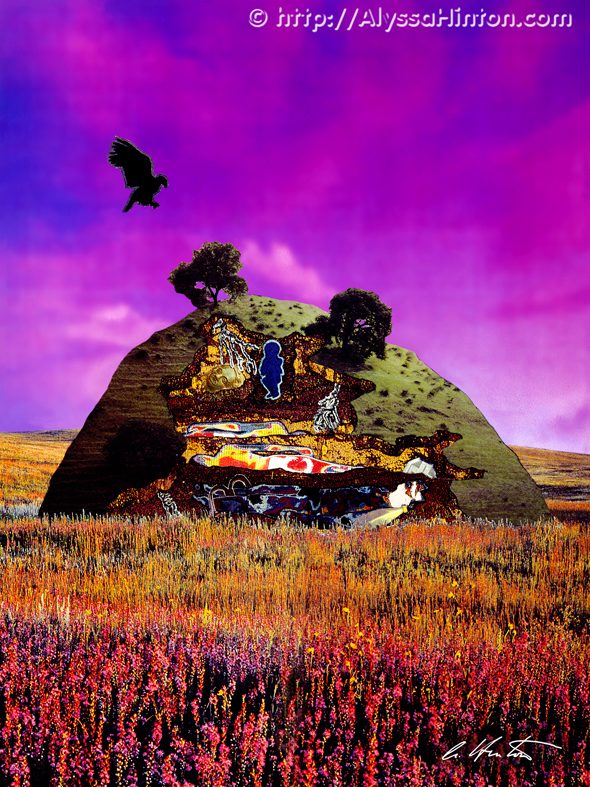 "Ancestral Plane" description: A cross section of a burial mound reveals remnants of cultural relics and people. The trees draw upon these vestiges while the embryo also is fed to support its new life. The hawk, able to see the "unseeable," is the messenger of change landing, reminding us of our potential.